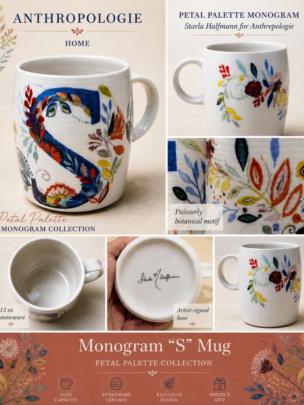Anthropologie Petal Palette Monogram "S" Coffee Mug Designed by Starla Halfmann